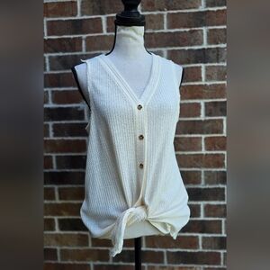 True Craft Cream Waffle Knit Tie Front Henley Tank Top Size M